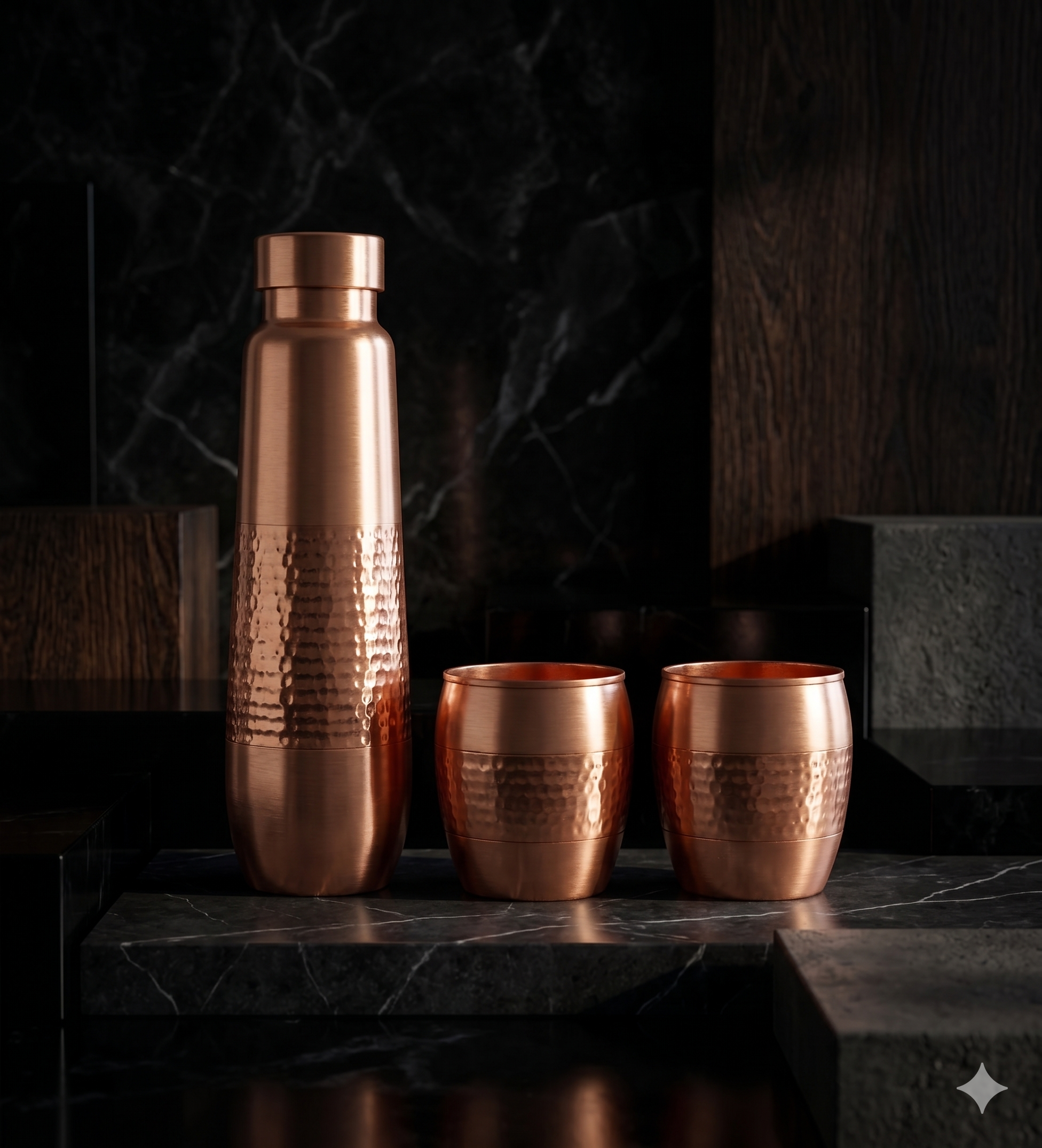 The Monolith Vessel with hand-finished copper cups in a dark stone setting