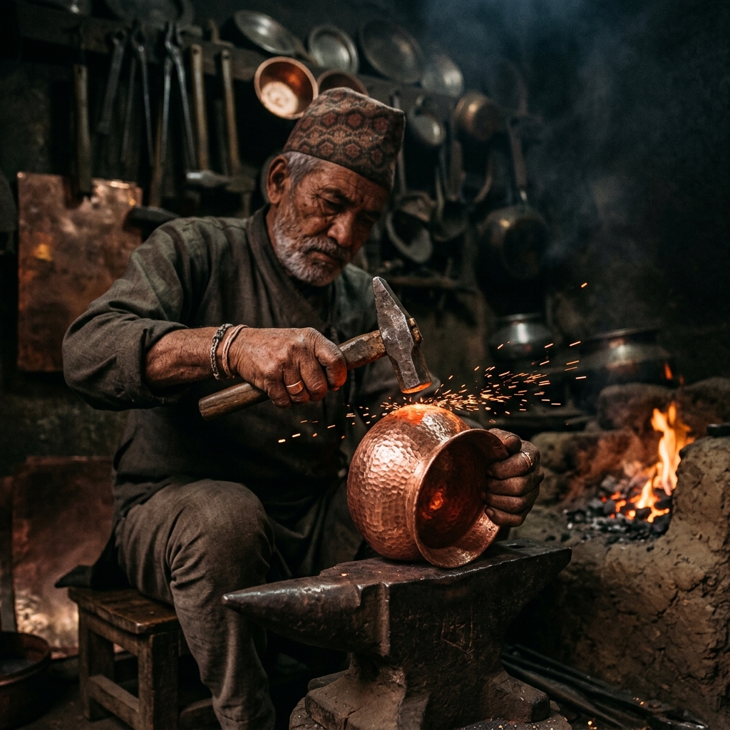 An artisan's copper workshop in South Asia